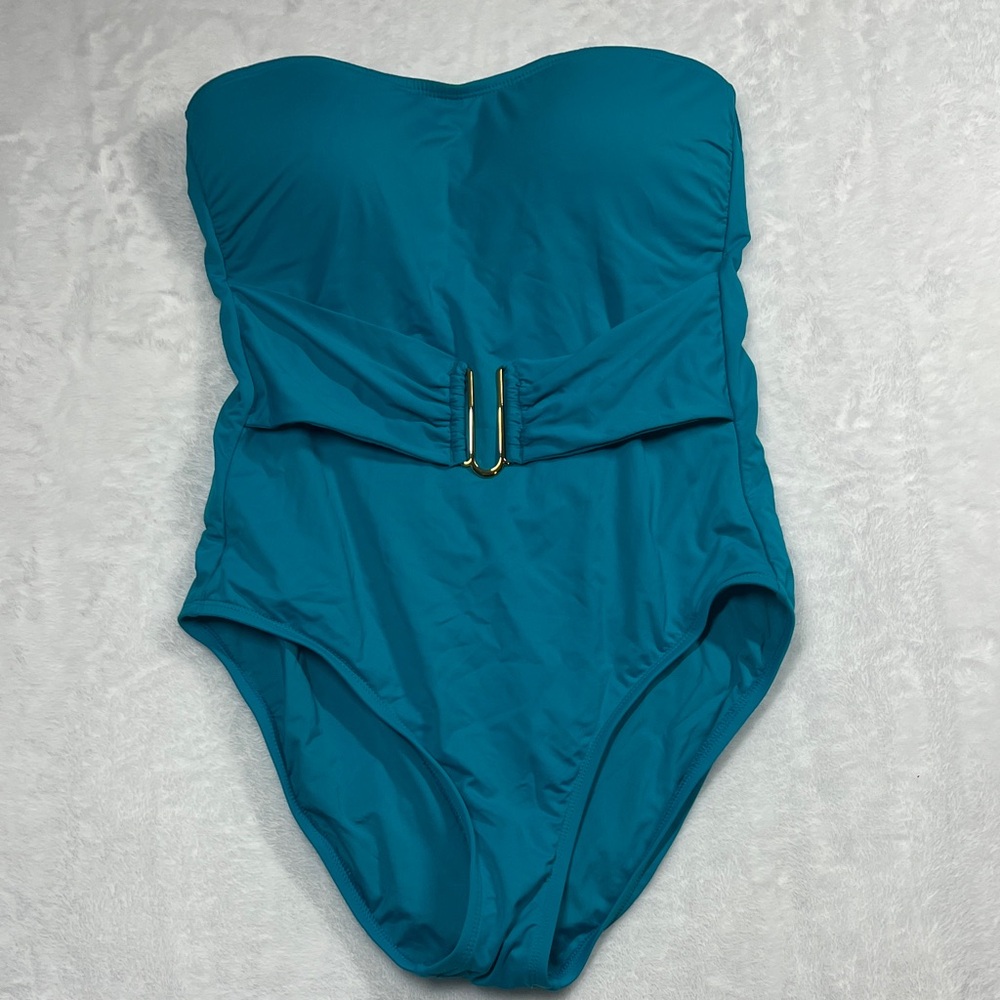 La Blanca Island Goddess Bandeau Mio One Piece Teal‎ Strapless Swimsuit Size 2
